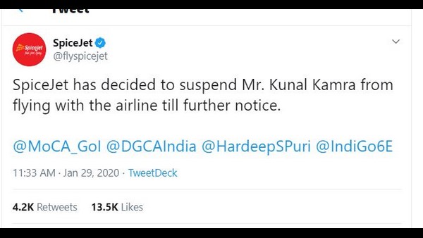 ಕುನಾಲ್ ಗೆ ನಿರ್ಬಂಧ ವಿಧಿಸಿದ ಸ್ಪೈಸ್ ಜೆಟ್ ಸಂಸ್ಥೆ 