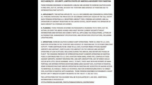  America Warns Air Carriers To Avoid Pakistan