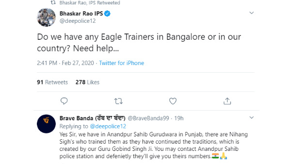 Bengaluru Police Commissioner Bhaskar Rao Tweet Wanted Eagle Trainers