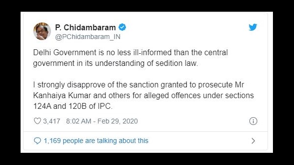 Ex-Finance Minister P.Chidambaram Condemn Delhi Government Approve For Kanhaiya Sedition Case 