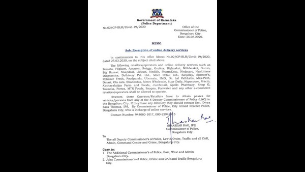 Bengaluru Police department clear instructions to facilitate the operations of e-commerce retailers