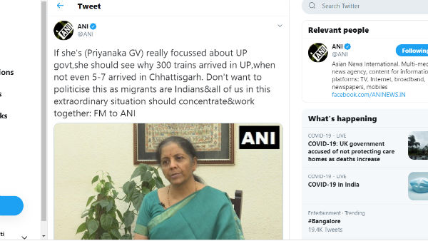 Finance Minister Nirmala Sitharaman Hits On Priyanka Gandhi About Bus Politics