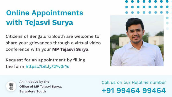 Bengaluru Citizens How To Meet MP Tejasvi Surya Through Online 