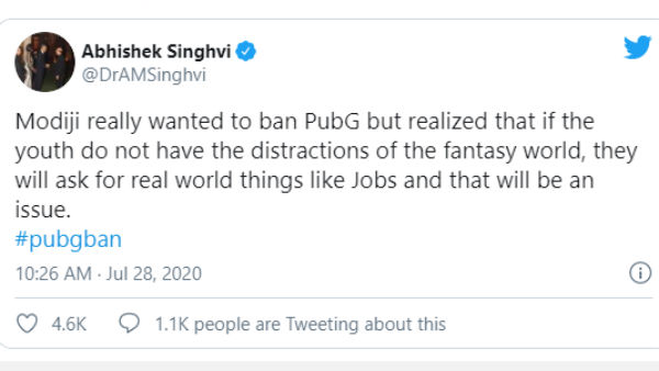 Why PM Modi Not Banning PubG, Congress Leader Abhishek Singhvi Tweet 