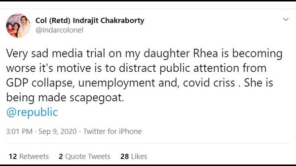 ರಿಯಾ ಚಕ್ರವರ್ತಿ ತಂದೆ ಹೆಸರಿನಲ್ಲಿ ಟ್ವಿಟರ್ ಖಾತೆ 