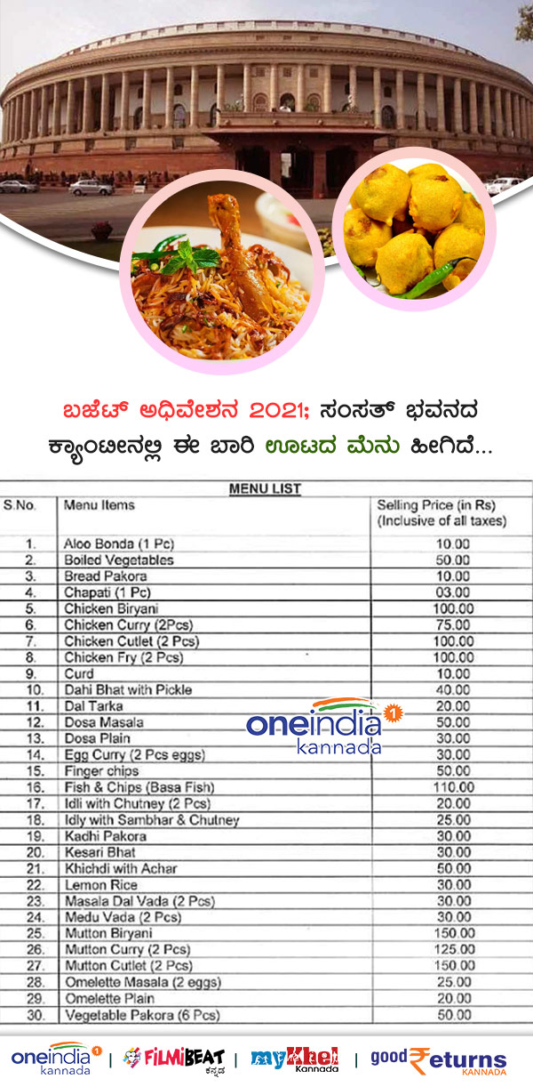 Parliament canteen new rate list ಸಂಸತ್ ಭವನ ಕ್ಯಾಂಟೀನ್ ಹೊಸ ಮೆನು ದರ ಪಟ್ಟಿ