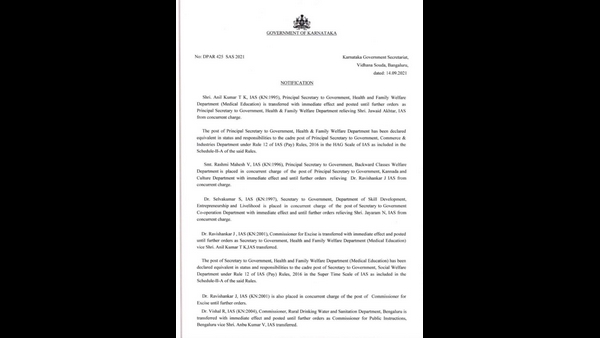 Government transfers eleven IAS officers in Karnataka 