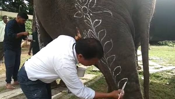  ಆನೆಯ ಮುಖದ ಮಧ್ಯದಲ್ಲಿ ಗಂಡಭೇರುಂಡ ಚಿತ್ರಾಲಂಕಾರ