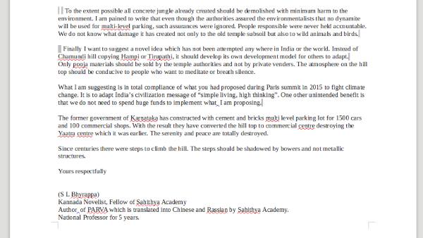 Mysuru: Veteran Kannada Novelist S L Bhyrappa Written a Letter to PM Modi To Save Chamundi Hill Mysuru: Veteran Kannada Novelist S L Bhyrappa Written a Letter to PM Modi To Save Chamundi Hill