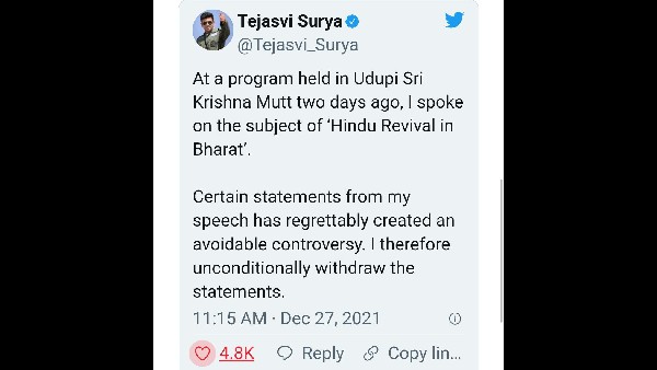 BJP MP Tejasvi Surya withdraws his statement after his ghar wapsi video creates controversy
