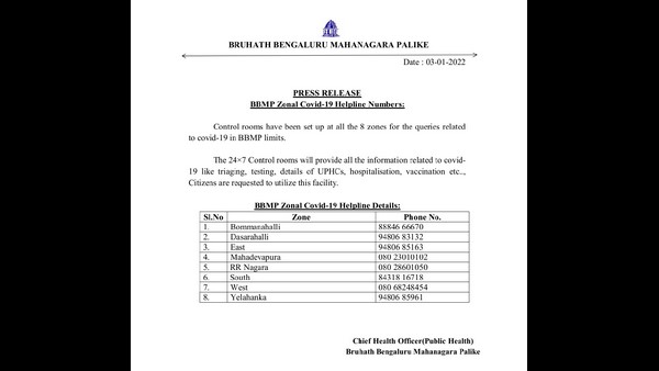 ಬಿಬಿಎಂಪಿ ವಲಯವಾರು ಕೊರೊನಾವೈರಸ್ ಸಹಾಯವಾಣಿ ಸಂಖ್ಯೆ 