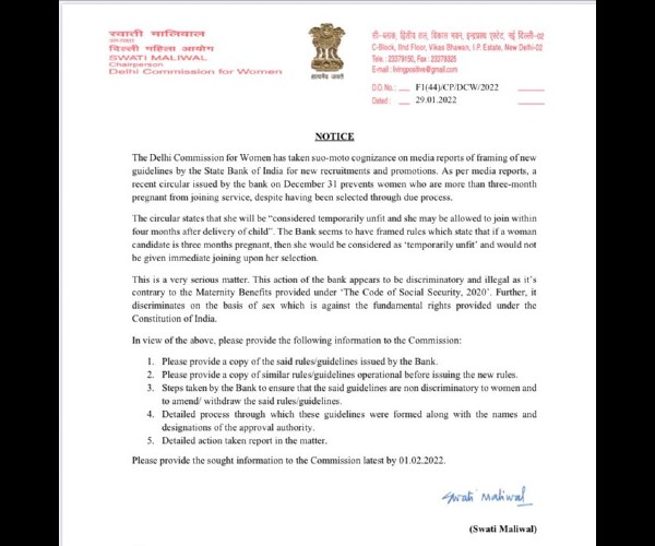 Womens Panel Notice To SBI Over Unfit Pregnant Women Guidelines