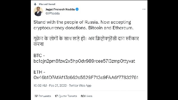 JP Nadda’s Twitter Account Hacked, Post Says ‘Stand With People of Russia JP Nadda’s Twitter Account Hacked, Post Says ‘Stand With People of Russia