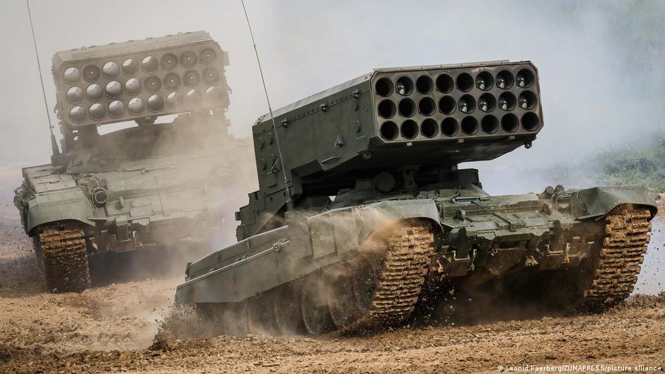 A Russian multiple rocket launcher with a thermobaric weapon, seen here as part of a military exhibition