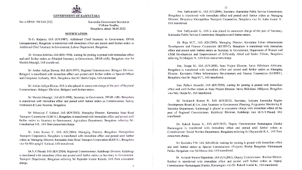 Karnataka State Government Transfered 17 IAS Officers