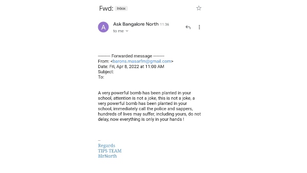 Bomb threat Email to 4 Schools of Bengaluru; Police Starts Searching