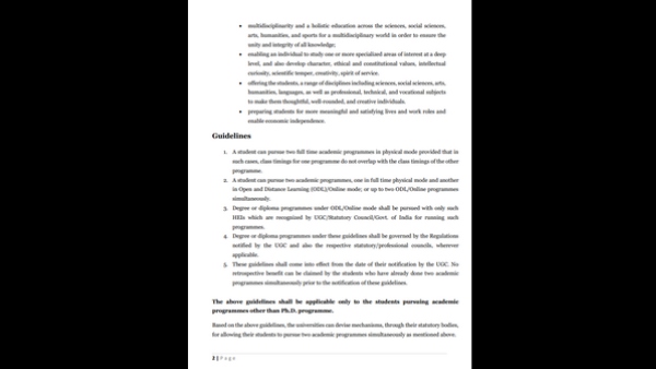 UGC Guidelines for allowing Students to study 2 full time courses