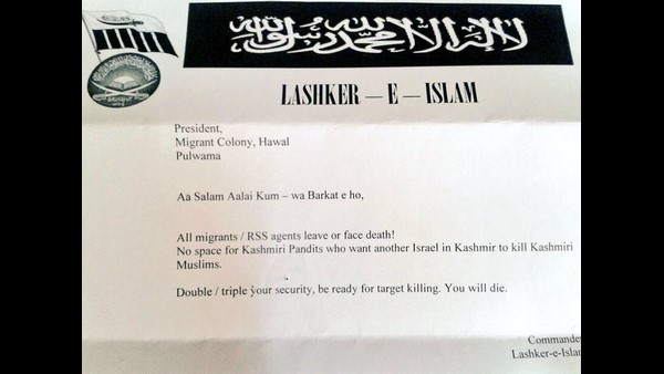 Be ready for target killings: Threat letter to Kashmiri Pandits by a terror outfit