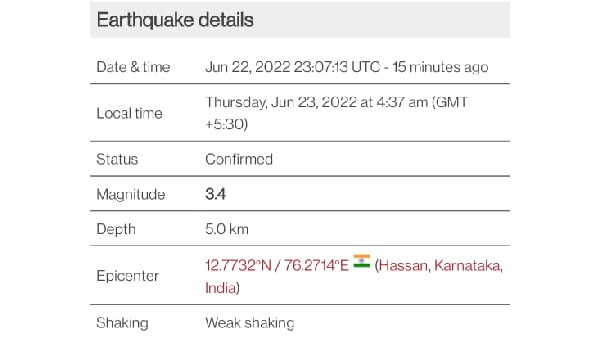 Earthquake of magnitude 3.4 Reported in Hassan District 
