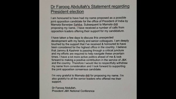 Farooq Abdullah reject offer to be Opposition’s presidential candidate