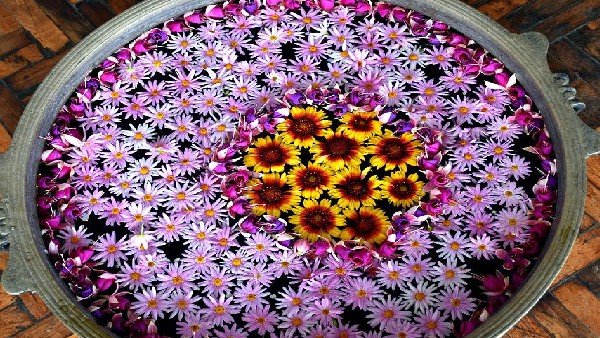 9. ನೀರು ಮತ್ತು ಹೂವುಗಳೊಂದಿಗಿನ ಮಣ್ಣಿನ ಬಟ್ಟಲು