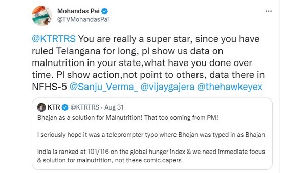 ಮೋಹನದಾಸ್ ಪೈ ಅವರು ಕೆಟಿಆರ್ ಅವರಿಗೆ ಟ್ಯಾಗ್ ಮಾಡಿ ಟ್ವೀಟ್ ಮೋಹನದಾಸ್ ಪೈ ಅವರು ಕೆಟಿಆರ್ ಅವರಿಗೆ ಟ್ಯಾಗ್ ಮಾಡಿ ಟ್ವೀಟ್