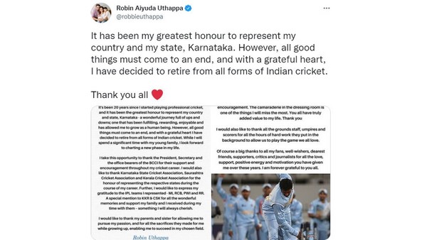 Robin Uthappa announces retirement from all forms of Indian cricket 