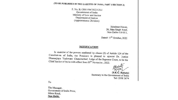 New Delhi: From November 9th Justice DY Chandrachud To Be Chief Justice Of India