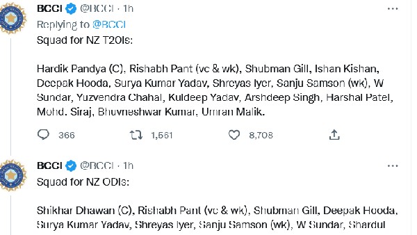 BCCI Announces announces squads for NZ and Bangladesh tour, Hardik Lead for T20I, Dhawan for ODI