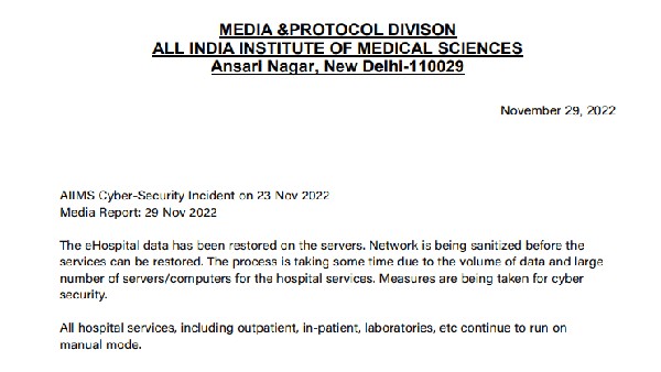 New Delhi AIIMS E-Hospital Data Restored On Servers after Ransomware Attack Suspect