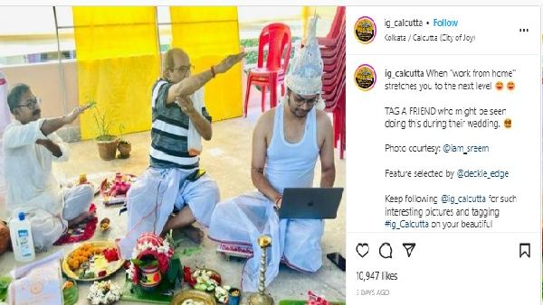 Work from home: Grooms work on laptop while sitting in front of priests