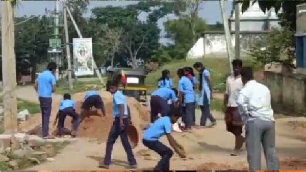 Congress Shares Video Of Students Filling Potholes In Karnataka