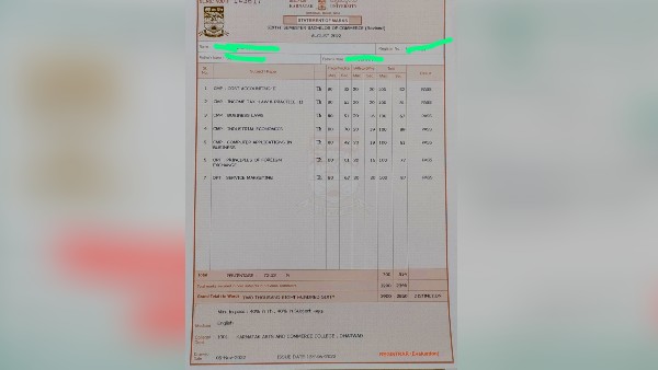 Problem in marks card of final year BCom students from Karnataka University, Dharwad 