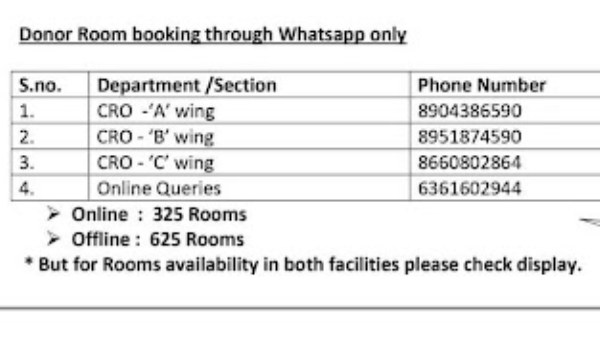 ವಾಟ್ಸಪ್ ಮೂಲಕ ಡೋನರ್ ರೂಂ ಬುಕ್ಕಿಂಗ್ ವಾಟ್ಸಪ್ ಮೂಲಕ ಡೋನರ್ ರೂಂ ಬುಕ್ಕಿಂಗ್