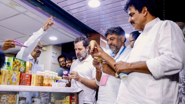 Amul entry buzz in Karnataka: Rahul Gandhi tastes Nandini ice cream in bengaluru Amul entry buzz in Karnataka: Rahul Gandhi tastes Nandini ice cream in bengaluru