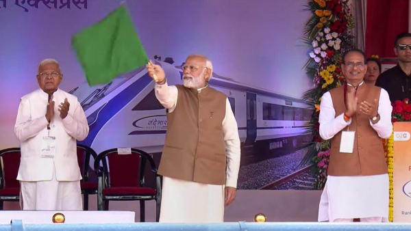Narendra Modi drives the Vande Bharat Express train in Bhopal 