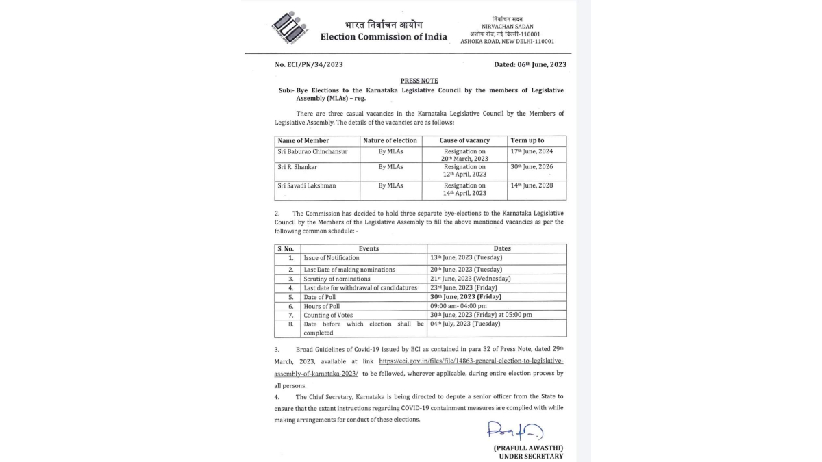 Karnataka Legislative Council byelection to be held on June 30 Karnataka Legislative Council byelection to be held on June 30