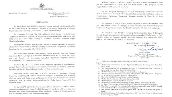 Siddaramaiah government transferred 11 IAS officers in karnataka