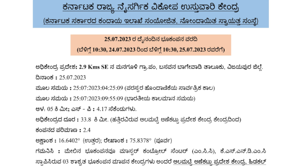 2.4 Magnitude Earthquake Hits Vijayapura district of Karnataka at 9:55 AM 2.4 Magnitude Earthquake Hits Vijayapura district of Karnataka at 9:55 AM