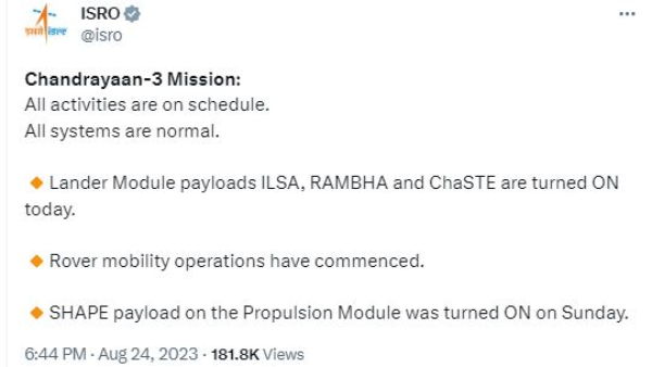 Chandrayaan 3 Rover Pragyan All Activities Starts As Per On Schedule, Says ISRO