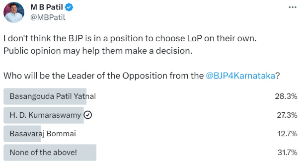 Who is eligible for the post of Leader of Opposition in Karnataka? Opinion poll by MB Patil