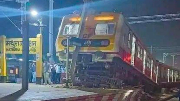 Train climbs onto platform at Mathura Railway station, video viral