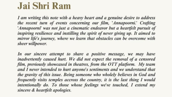 Annapoorani Actress Nayanthara Apologizes For Hurting Sentiments of Religious, Know Her post