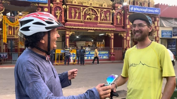  A Tourist From Switzerland Come To Kateel Shri Durgaparameshwari Temple By Cycle