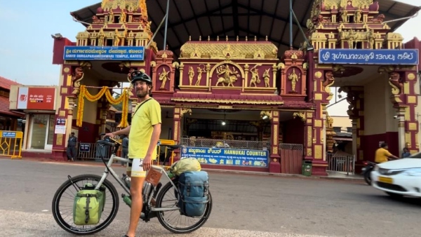  A Tourist From Switzerland Come To Kateel Shri Durgaparameshwari Temple By Cycle