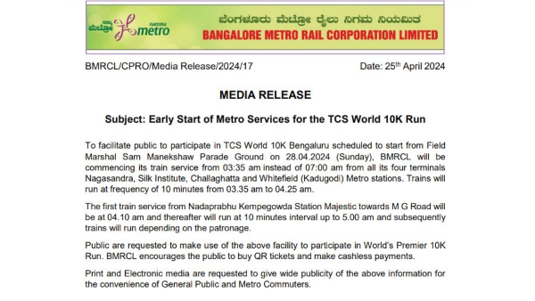 Namma Metro Extends Service for TCS World 10K Run on April 28th