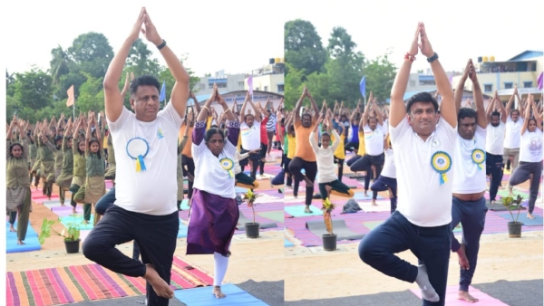 Ministers MPs participate in Yoga Day celebrations MLA Pradeep Eshwar is absent