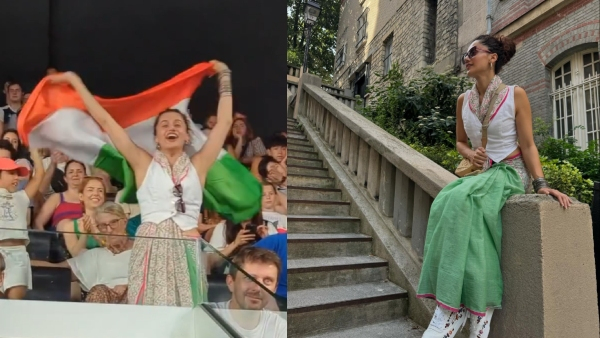 Actress Taapsee Pannu waves Indian flag at Paris Olympics 2024
