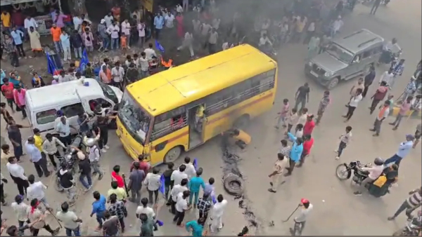 Bharat bandh supporters set school bus full of children on fire in bihar