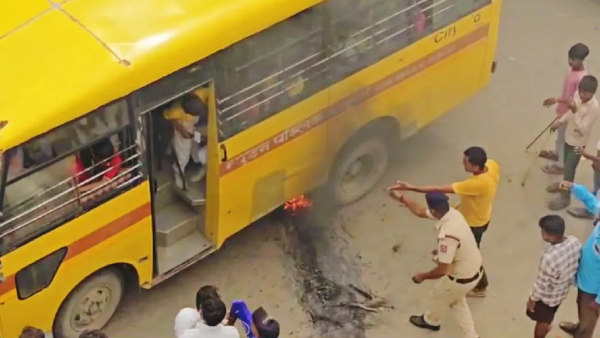 Bharat bandh supporters set school bus full of children on fire in bihar